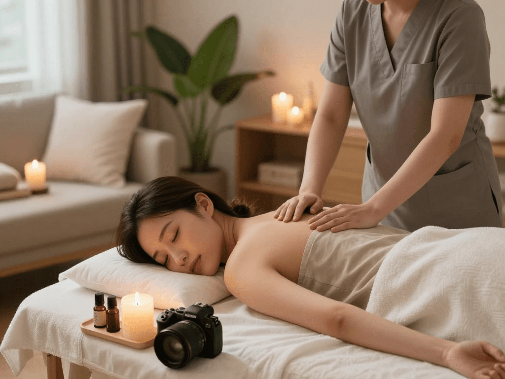 Experience 강서구출장마사지 in a serene home spa environment with a young woman receiving a professional massage.