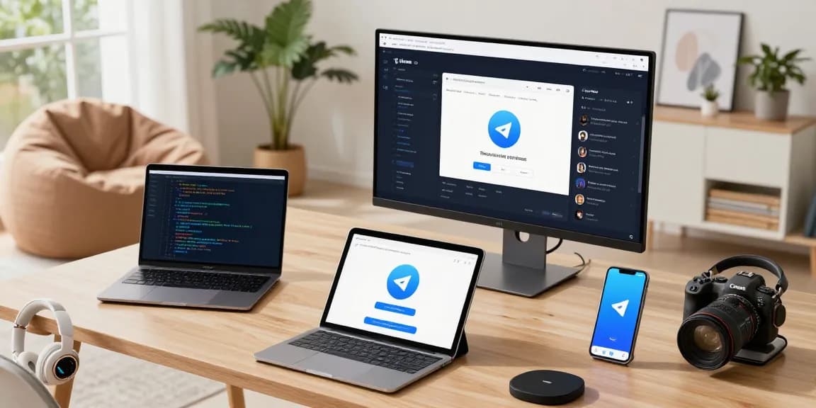 Engaging scene of a person downloading Telegram on various devices, showcasing a productive tech workspace.