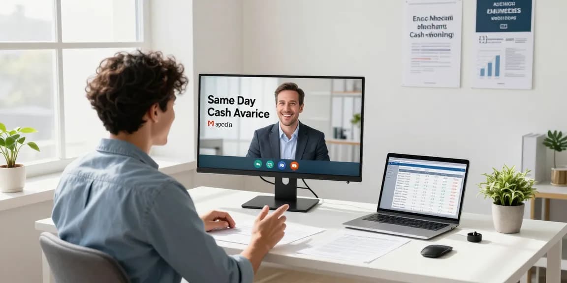 Small business owner discussing same day merchant cash advance with financial advisor, modern office setting.