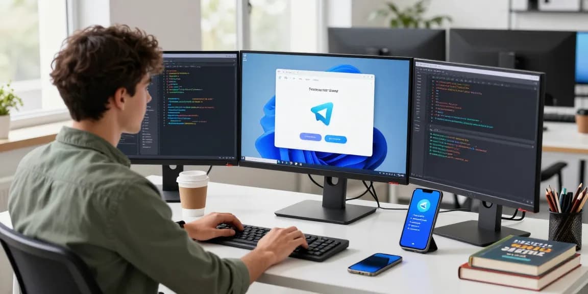 Developer using Telegram下载 on desktop with multiple tech screens and vibrant coding interface.