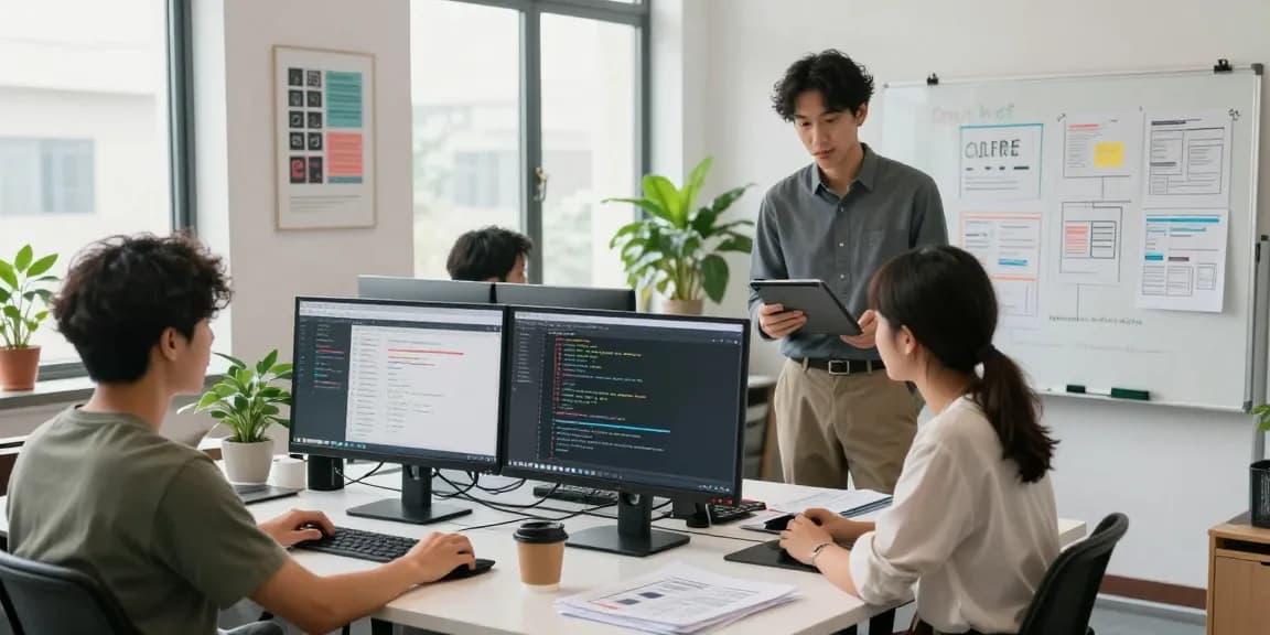 Build internal tools with AI in a modern collaborative workspace featuring diverse professionals and innovative technology.