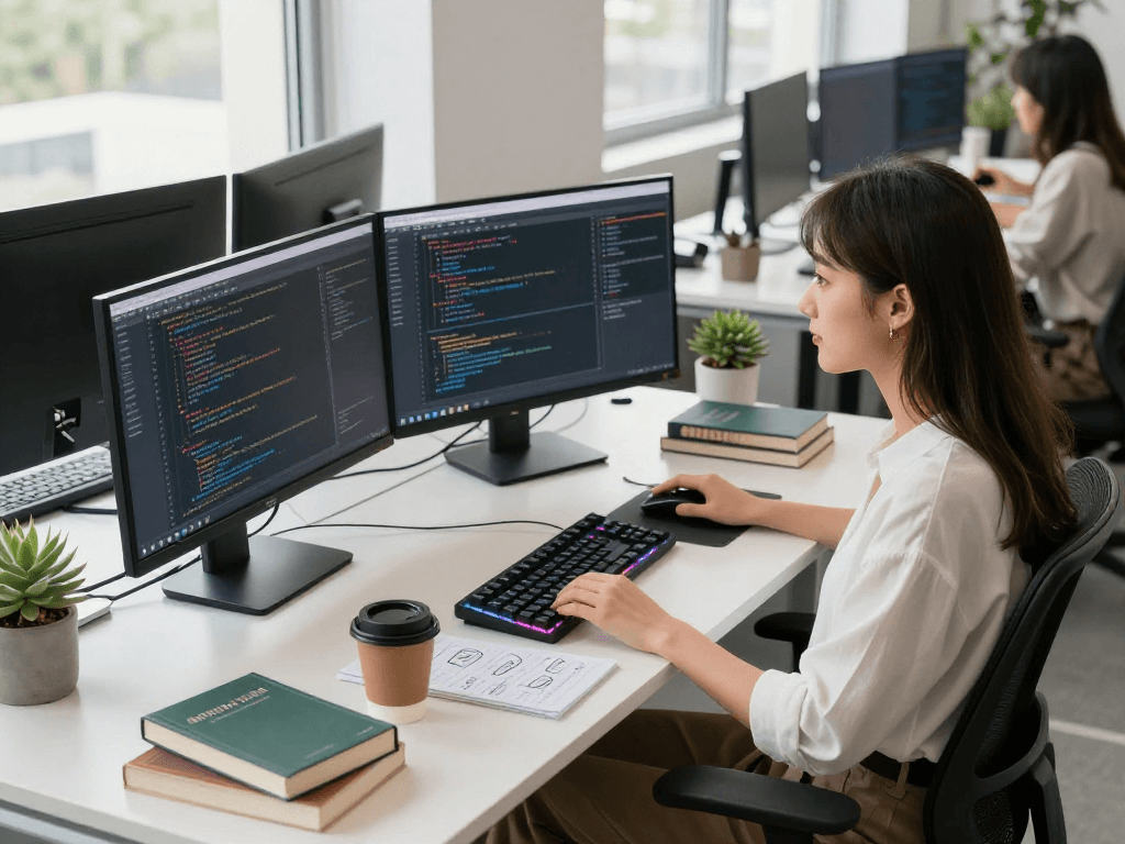 在现代软件开发环境中，一位女性开发者专注于编写WPS代码，桌上有多台显示器和编程书籍。