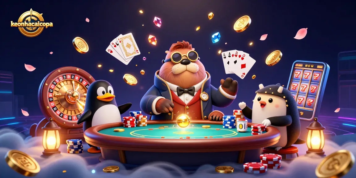 keonhacaicopa poker scene with jolly walrus, penguin dealer, and pufferfish bluffing
