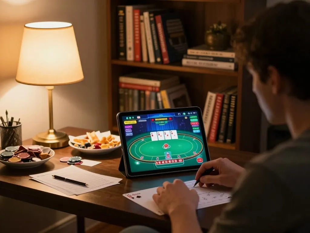 Person playing online poker in a cozy home environment, showcasing nhacaiuytinn strategies with tablet and notes