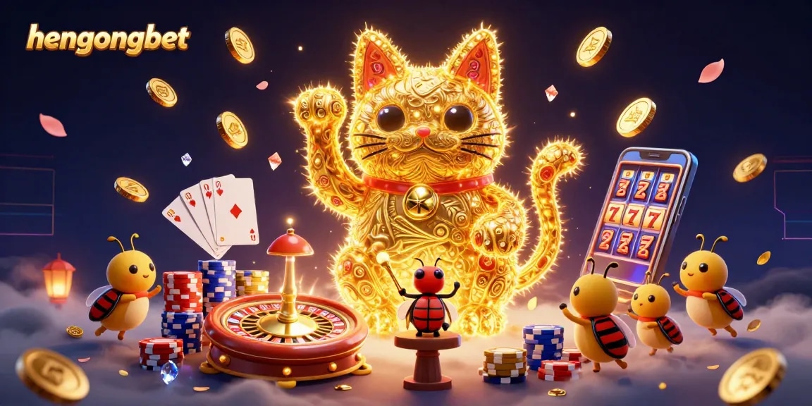 Experience the magic of hengongbet with a vibrant illustration of a lucky cat in a casino scene.