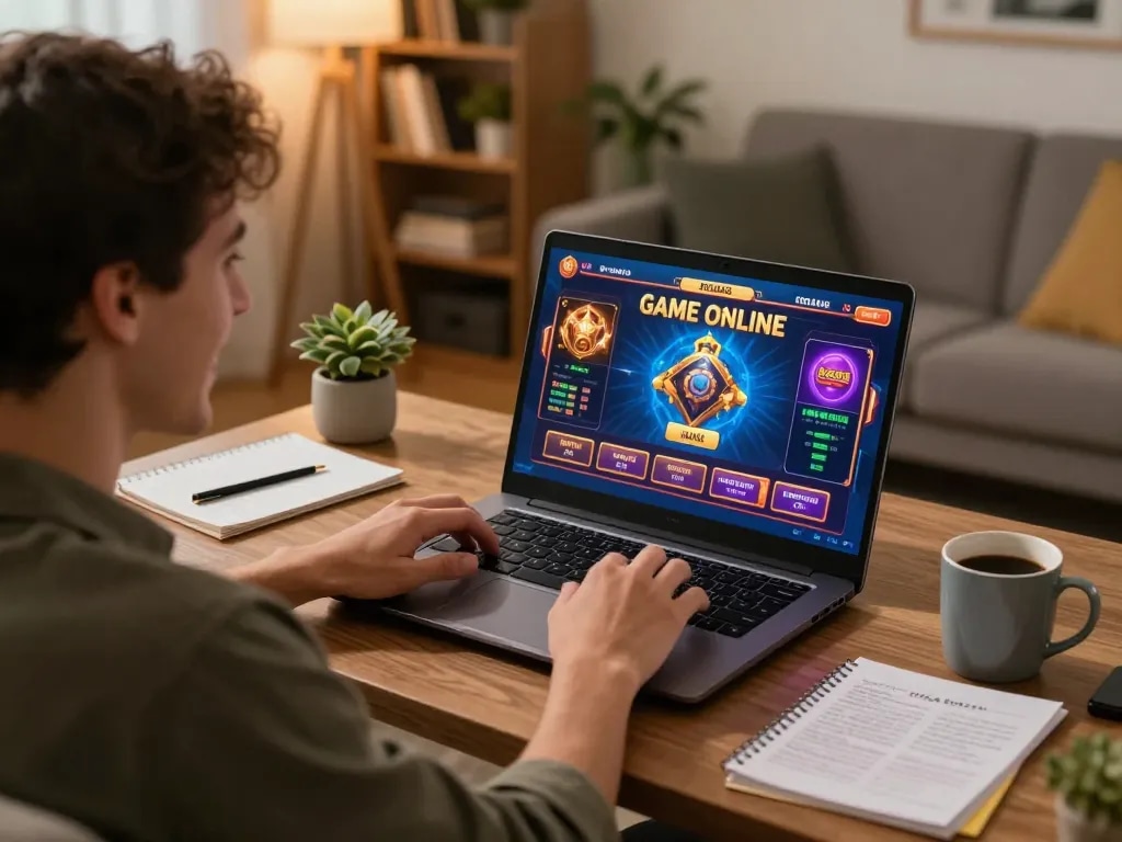 Engaged gamer playing GAME ONLINE on laptop at home, showcasing vibrant interface and cozy atmosphere.
