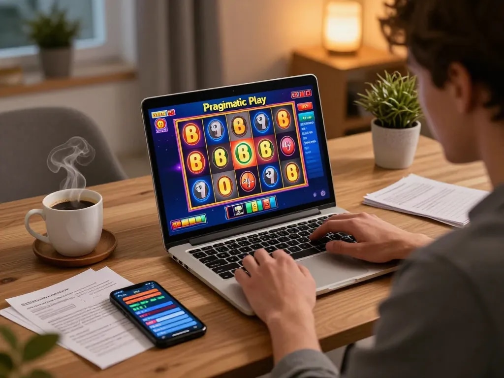 Exciting gameplay on Pragmati Play slots during a cozy home gaming session.