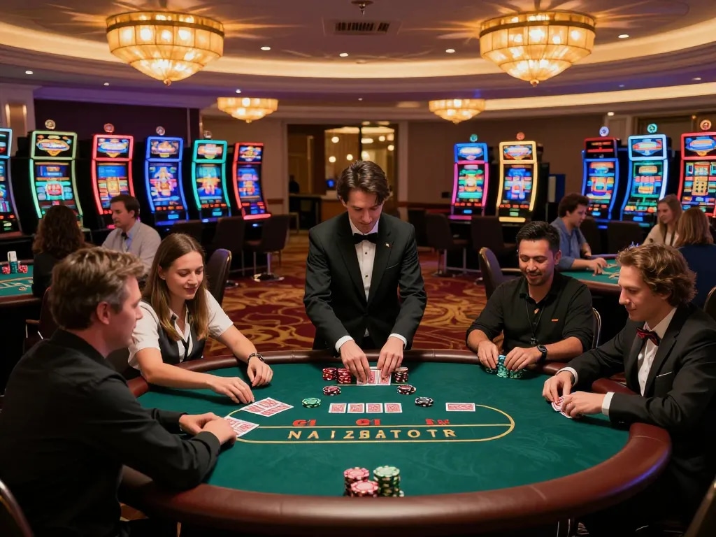 f8betz players enjoying a lively game at a luxury casino, warm lighting creating an inviting atmosphere