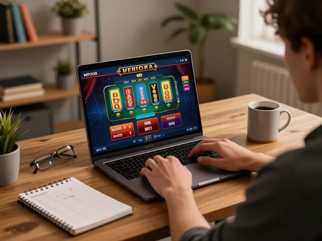 Player engaging with MPO08 Link on a laptop, showcasing online casino gameplay in a modern home setup.