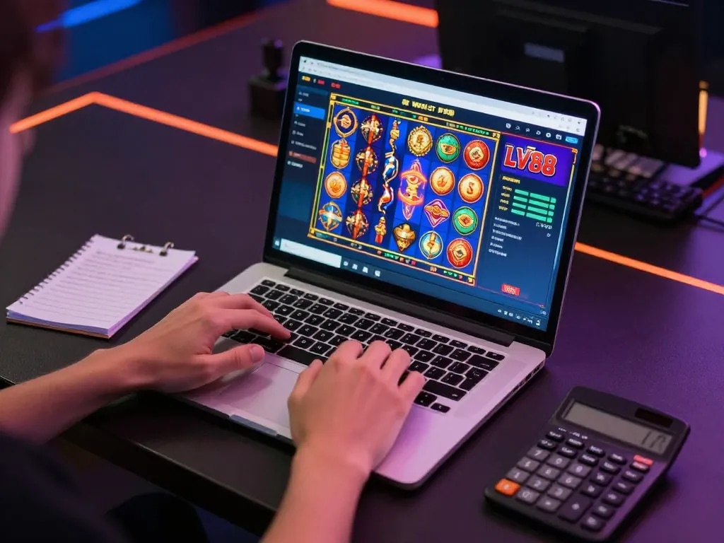 Engaging online gaming setup for LV88 com with colorful slot games displayed on a laptop screen.