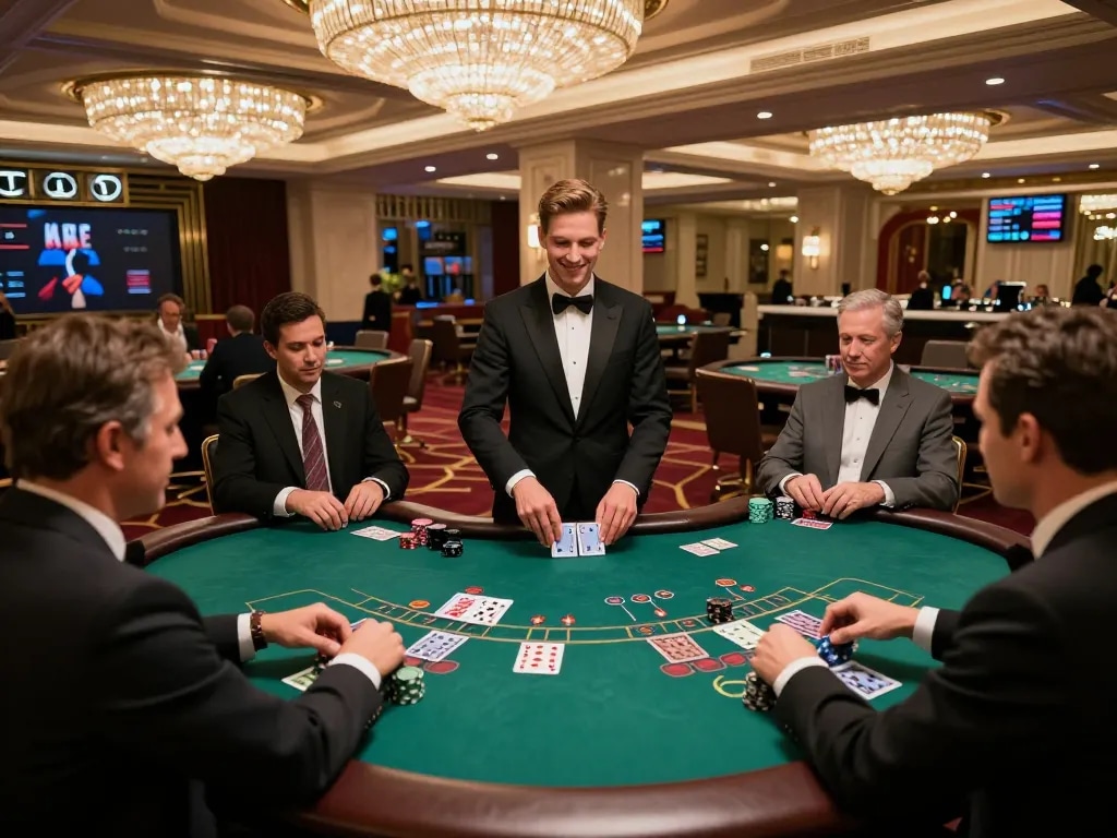 LIGALGO LOGIN at an upscale casino blackjack table with players engaged and colorful chips in action.