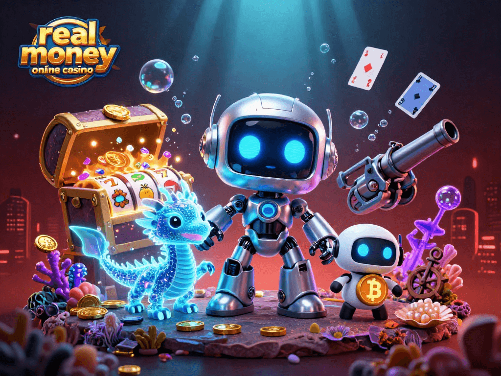 Engage with real money online casinos at a colorful cyberpunk-themed casino scene.