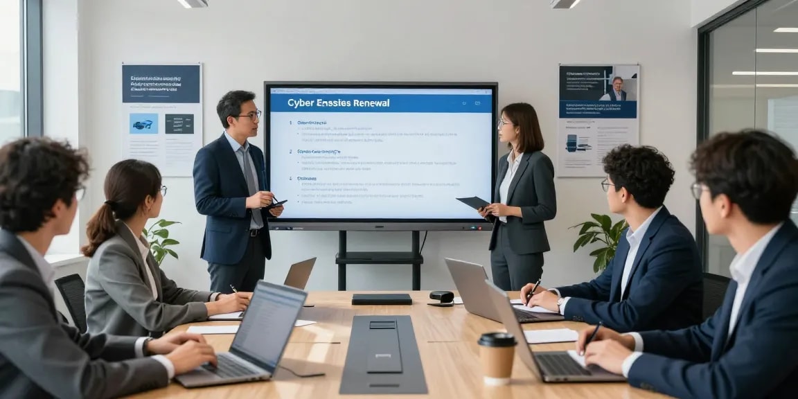 Cyber Essentials renewal strategy session in a corporate office with professionals discussing cybersecurity.