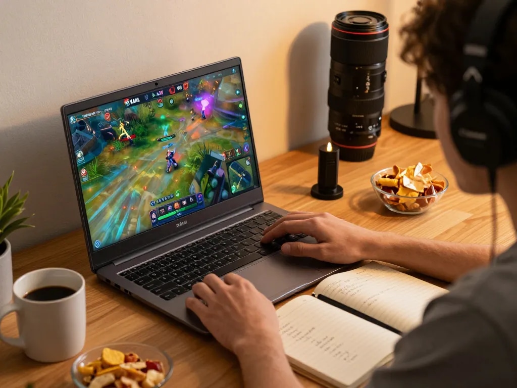 KADAL 778 online gamer engaged in a thrilling gaming session at home with laptop and strategy notes.