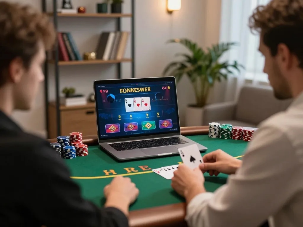 TG88 player engaged in online poker game at home, showcasing strategic betting action.