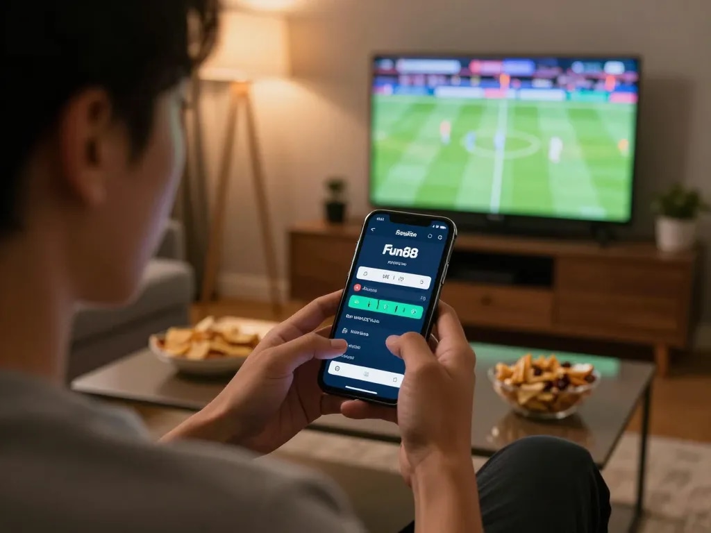 Engaging in sports betting on Fun88 app while enjoying a game at home