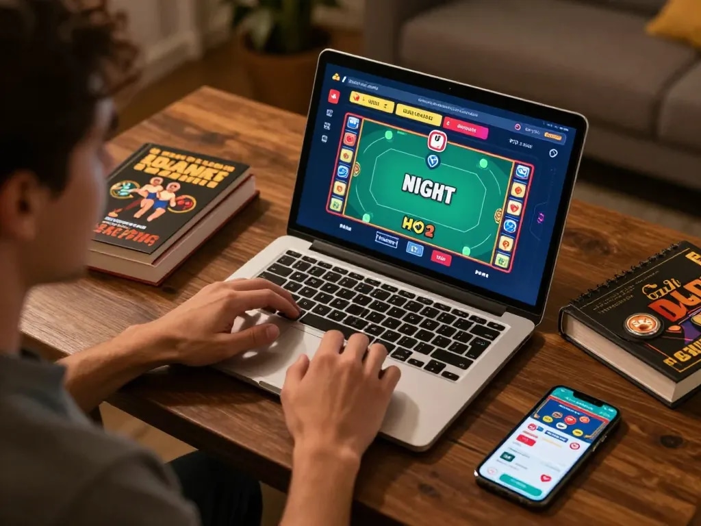 Player immersed in a sun win online poker game, engaging with strategy notes and a betting app.
