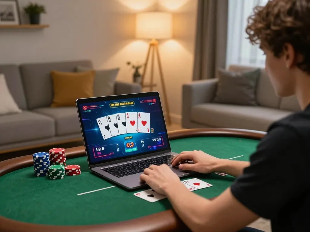 Player analyzing poker strategies at home using laptop, showcasing keonhacaii88 interface for gambling insights.