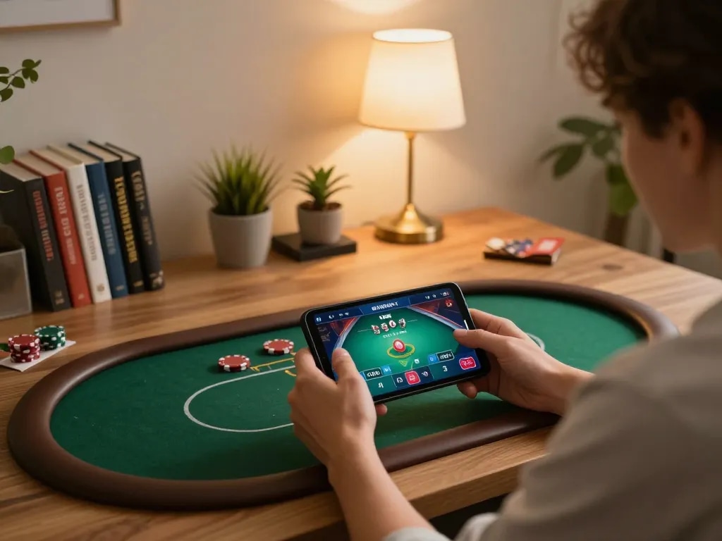 Engaging in mobile gambling at home on 789clubgo, showcasing stylish gaming setup with warm lighting.