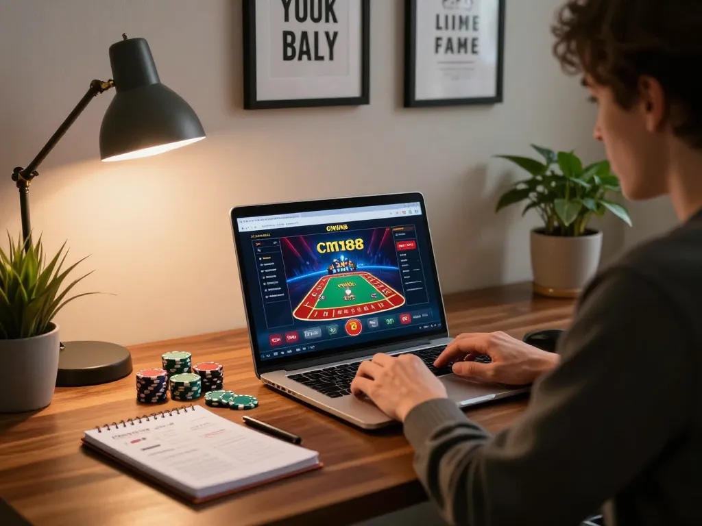 Player strategizing winning moves at cm88 online casino using laptop in a cozy setup.