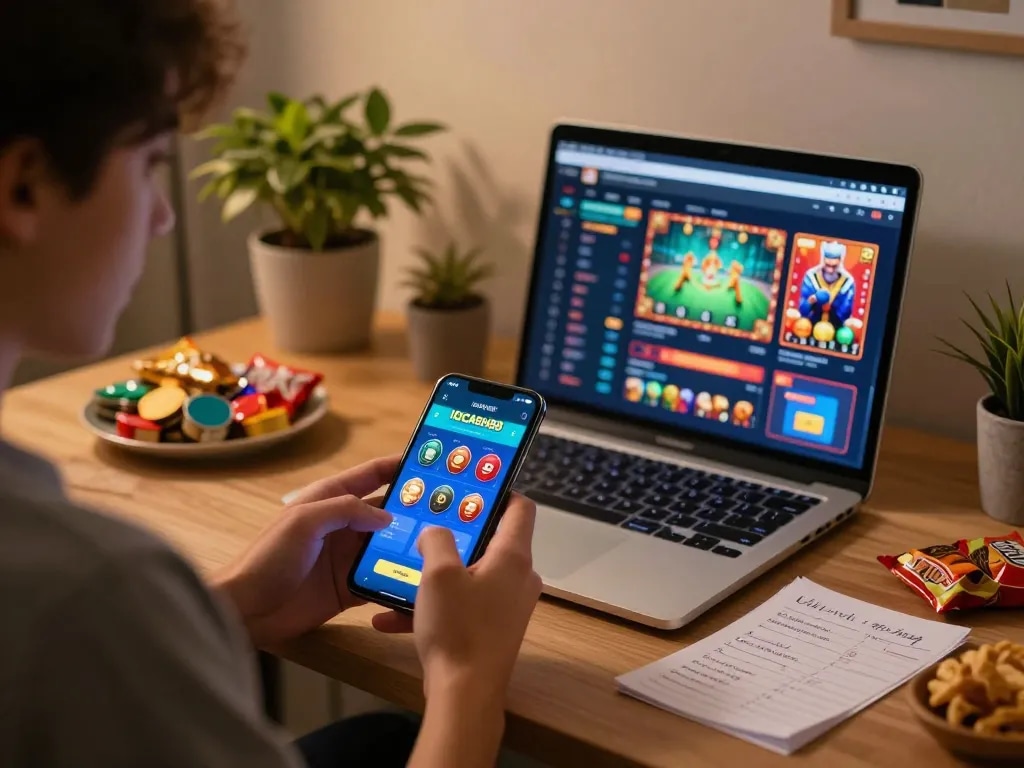 Engaging online gaming experience with IDCASH88 Slot app on smartphone, cozy home atmosphere.