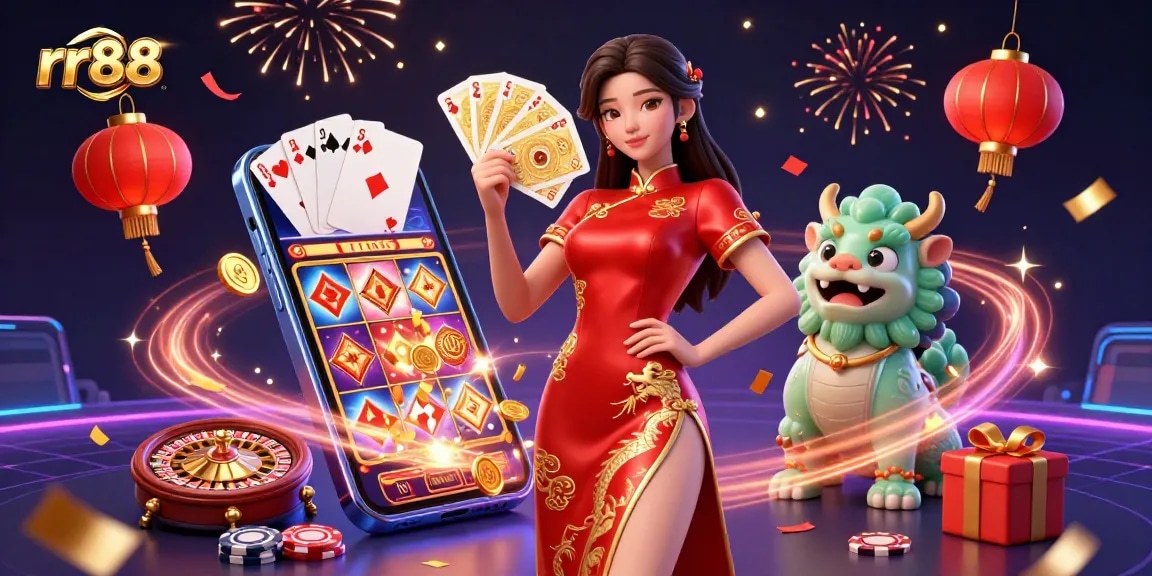 The rr88 scene showcases a woman in a qipao dress holding playing cards, surrounded by dynamic casino elements.