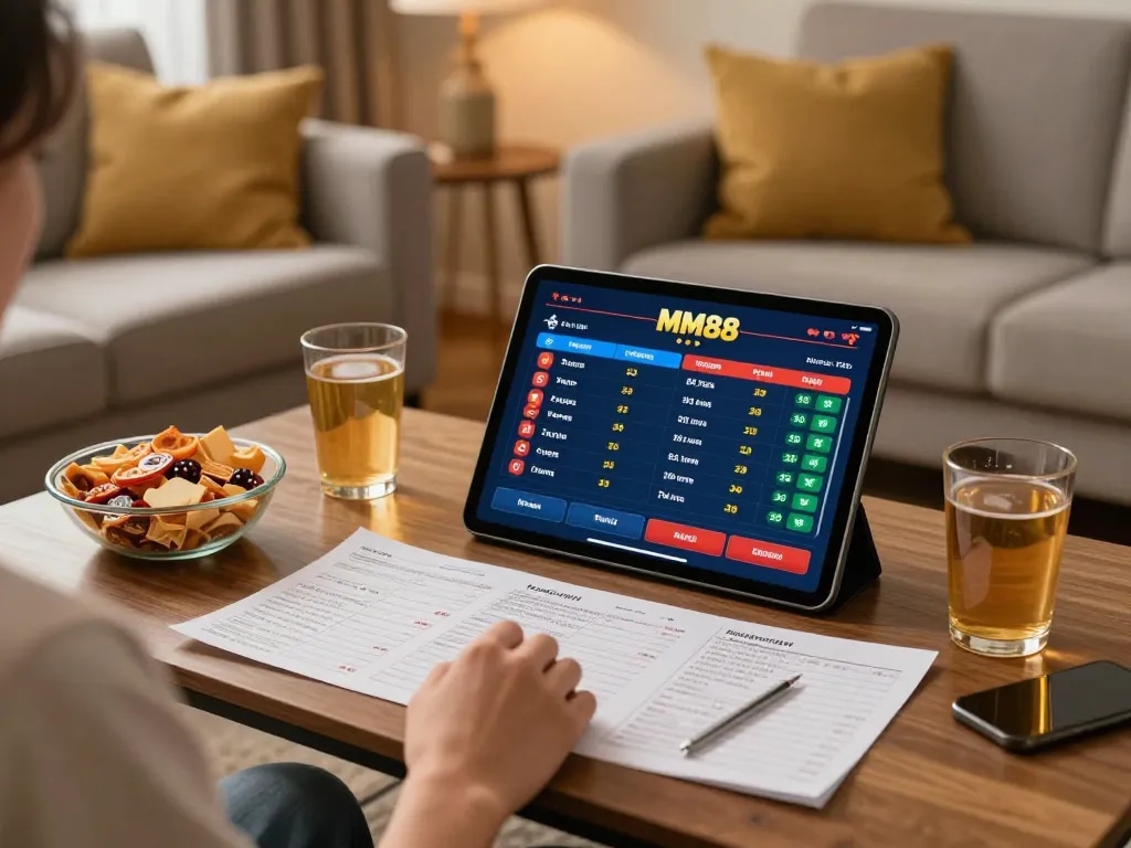 Engaging in MM88 sports betting from a cozy home setting with vibrant tablet display.