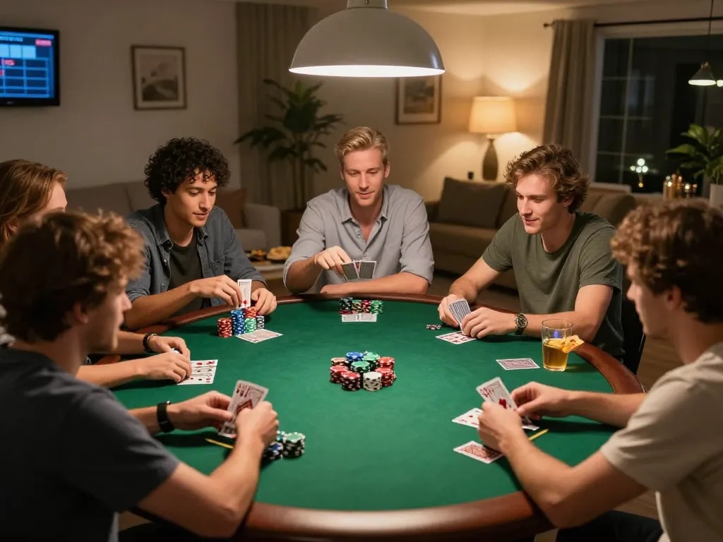 Engaging home poker night with friends enjoying gameplay, showcasing nhà cái uu88 atmosphere and vibrant interactions.