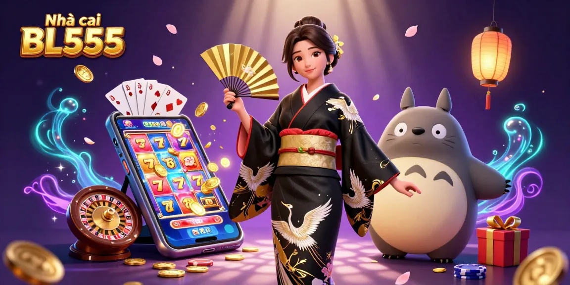 Engage with Nhà cái BL555 in a vibrant, immersive casino scene featuring slots, cards, and golden details.