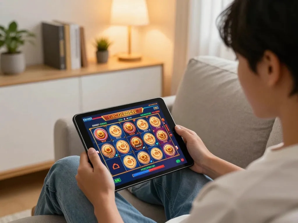 Engaging in a thrilling slot gacor game at home, showcasing strategy and fun