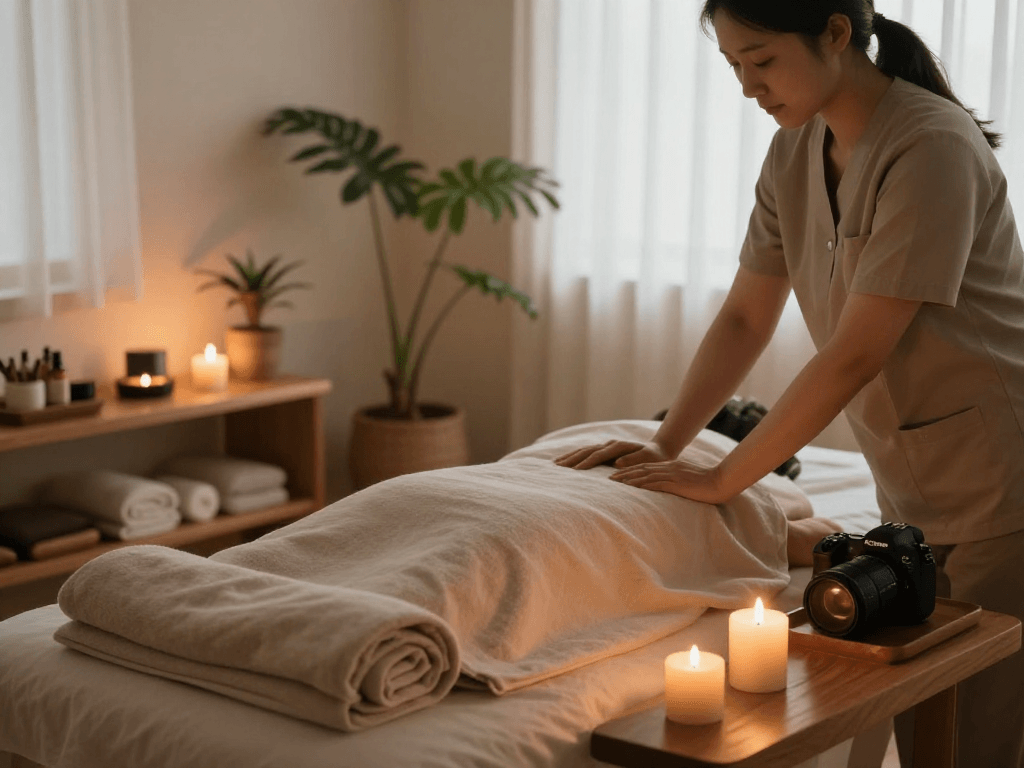 Experience soothing 서울출장안마 in a tranquil massage therapy room with calming decor and ambient lighting.