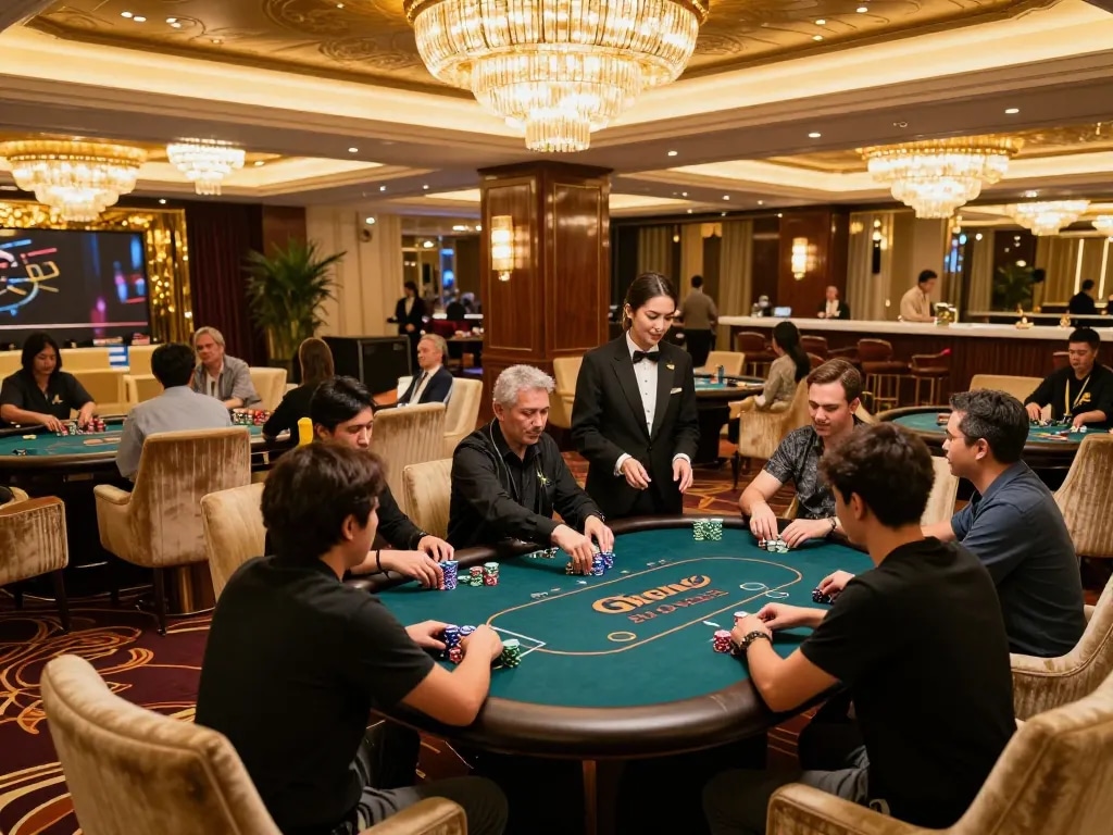 rokok88 players engaging in high-stakes poker in a luxurious casino environment