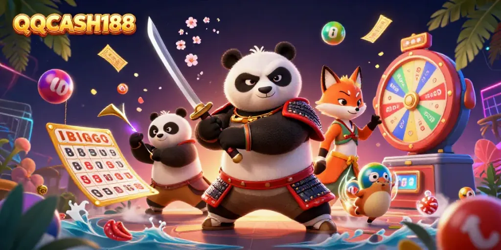 Engage with QQCASH188's vibrant 3D casino scene featuring a dynamic panda samurai and colorful lottery elements.