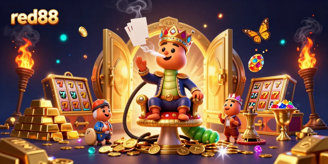 Experience the thrill of red88 with vibrant casino elements and a magical caterpillar character.