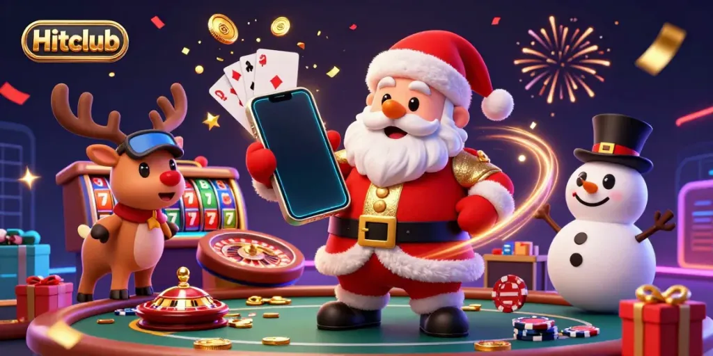 Win big with Hitclub in a festive 3D casino scene showcasing Santa and friends celebrating jackpot slots.