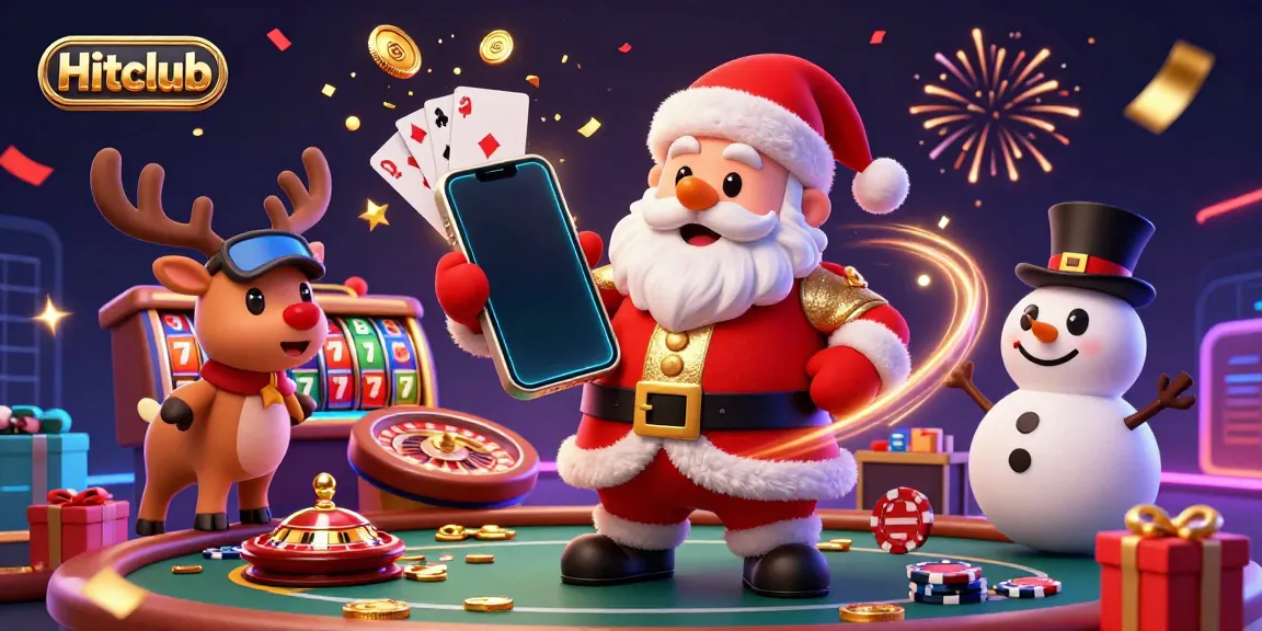 Win big with Hitclub in a festive 3D casino scene showcasing Santa and friends celebrating jackpot slots.