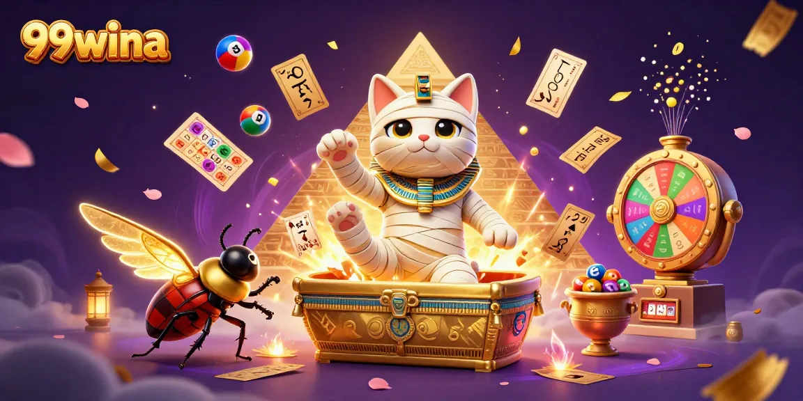 Win big at 99wina with a dynamic scene of a cartoon mummy cat amidst exciting casino elements.