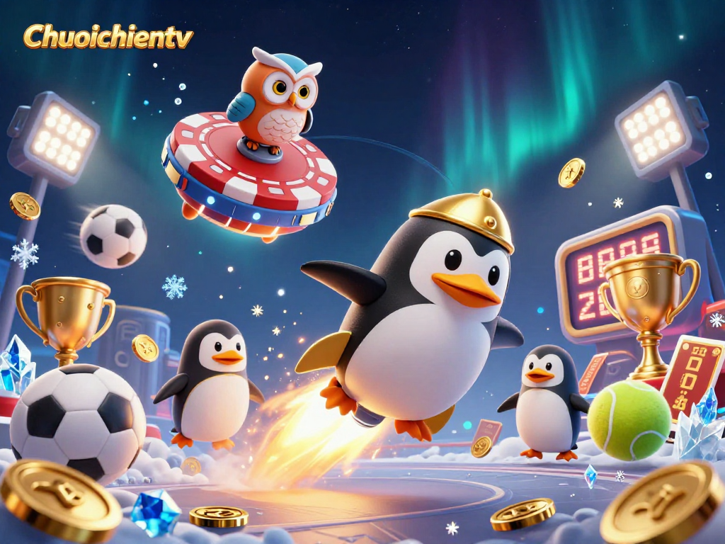 Chuoichientv engages in exciting sports betting with a lively, animated scene featuring vibrant sports elements and a golden penguin character.