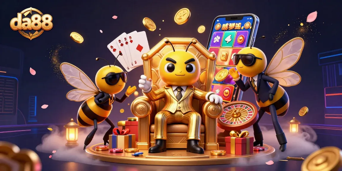 da88 showcases a buzzing 3D cartoon casino scene with bees, golden coins, and dynamic gaming action.