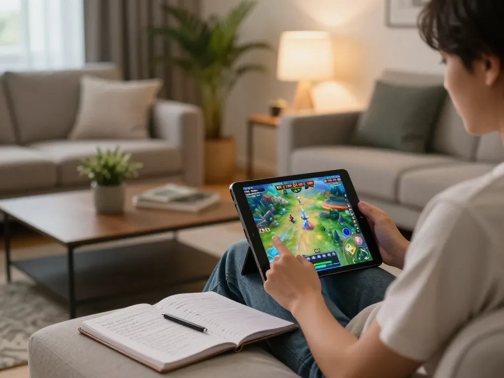 Engaged player enjoying an online game on a tablet in a cozy home setting.