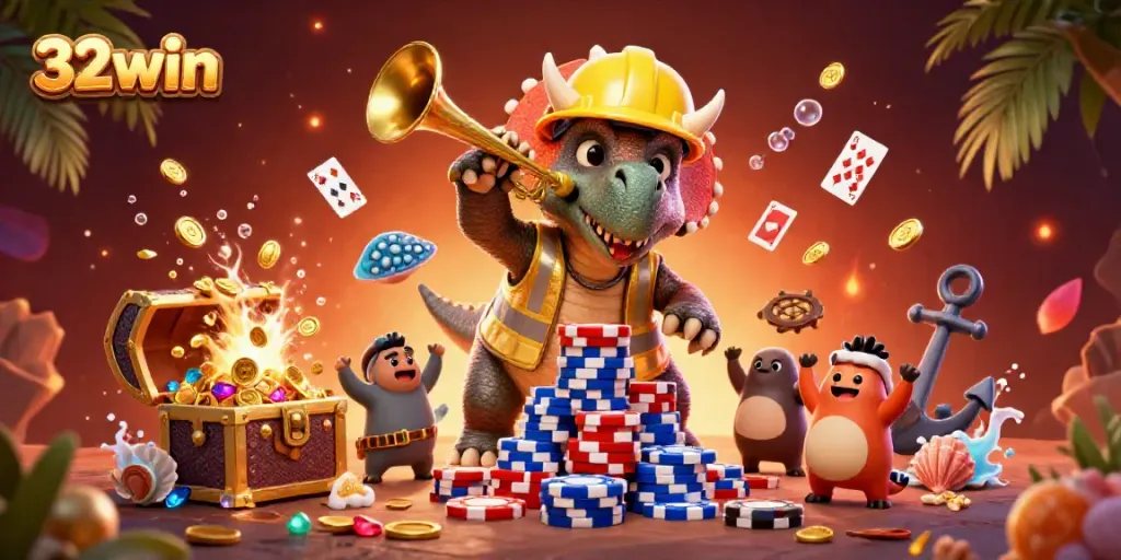 Experience the excitement of 32win with a vibrant casino scene featuring 3D characters and poker chips.