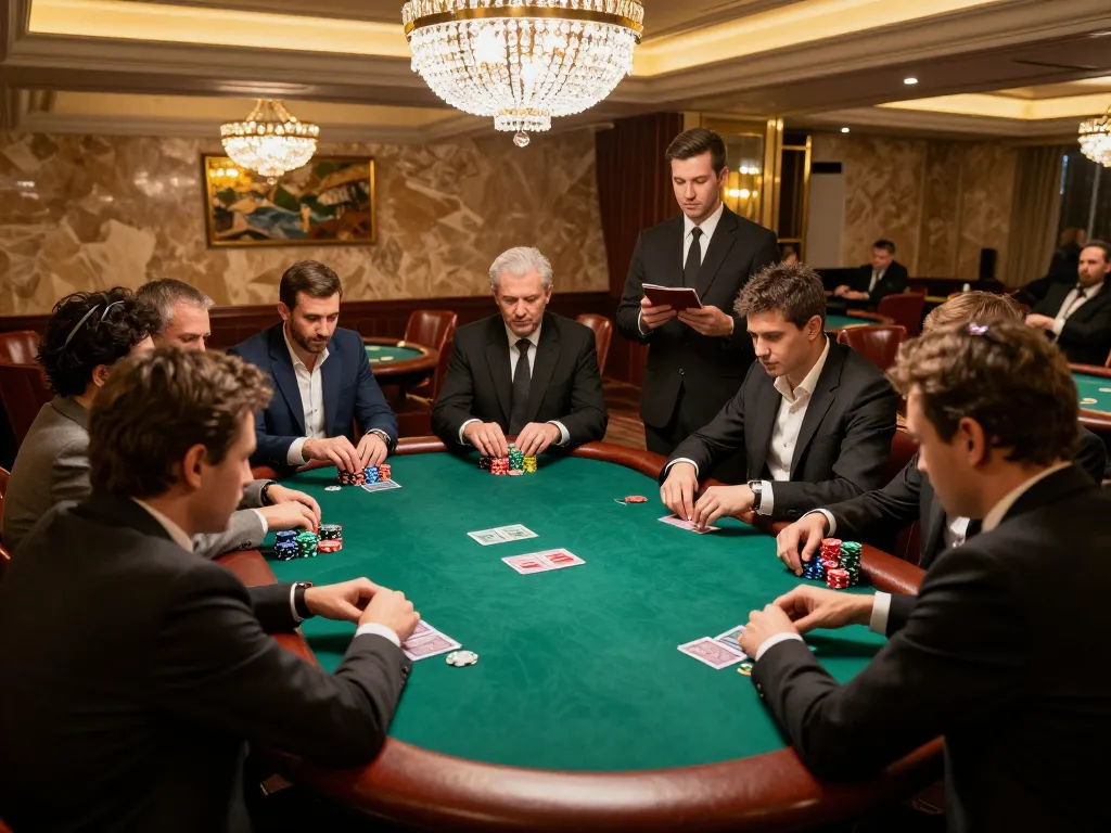 cm88seo players engaging in a poker game, vibrant chips and cards showcased in a luxurious setting