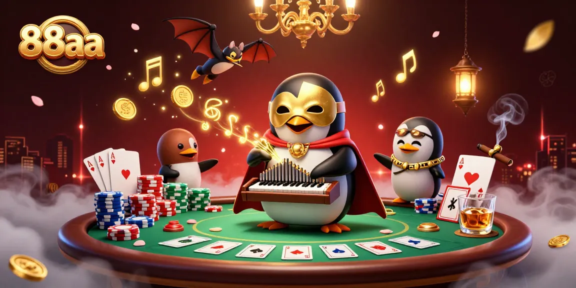 88aa penguin playing organ with golden coins in a vibrant casino scene
