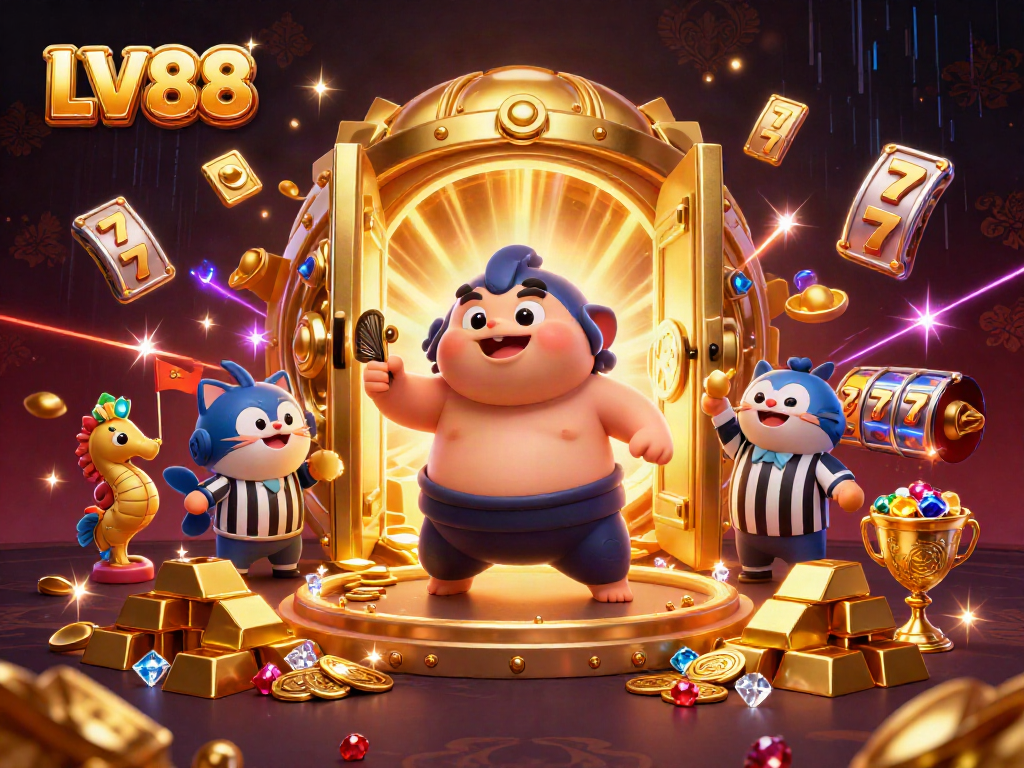 Spin the reels with LV88 in a vibrant 3D casino scene filled with treasures and excitement.