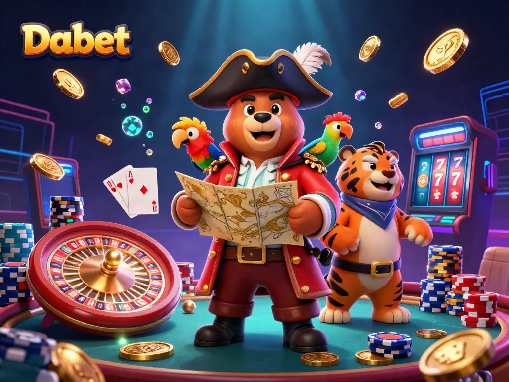 Experience the thrill of Dabet casino with a pirate captain and exciting game elements.