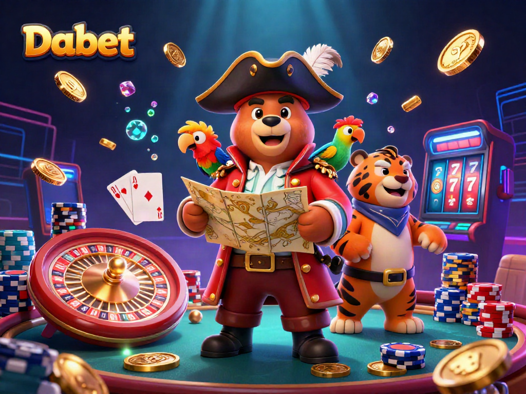 Experience the thrill of Dabet casino with a pirate captain and exciting game elements.