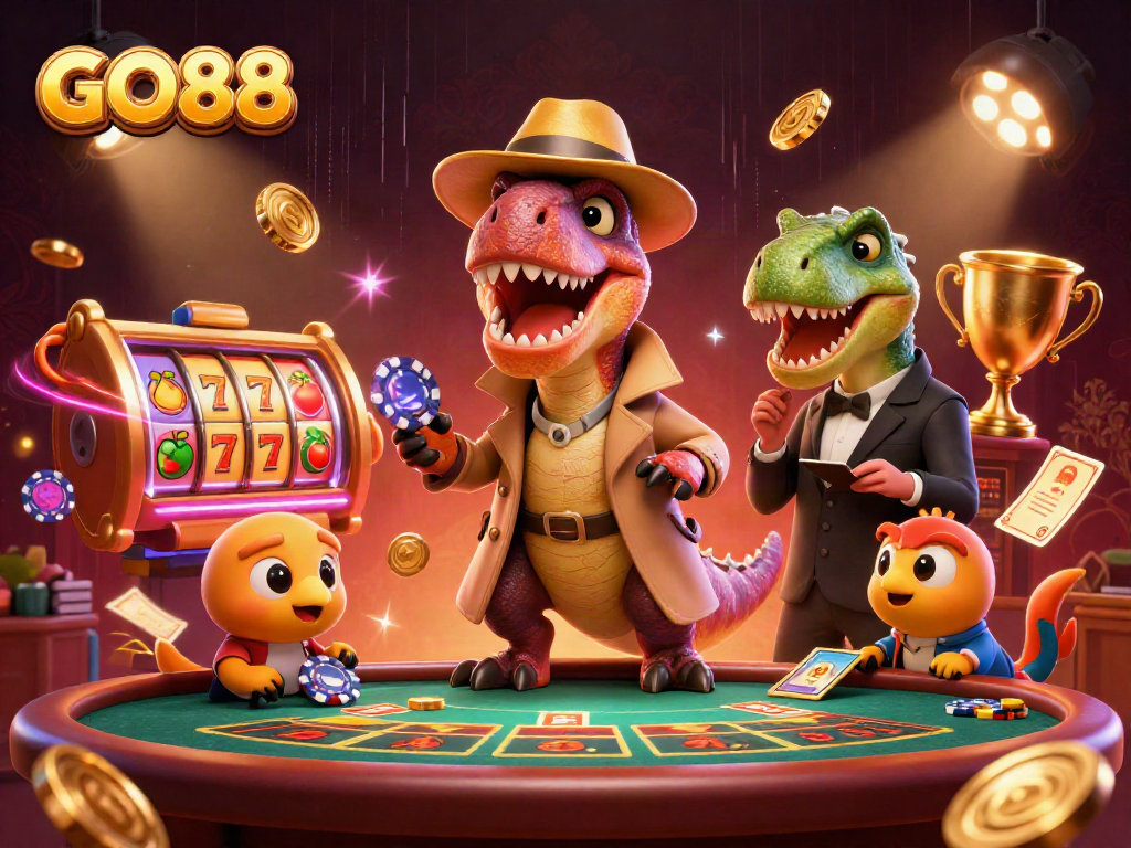 Engage with GO88 experiences at a thrilling blackjack table featuring animated characters and casino elements.