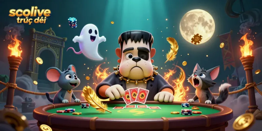 socolive trực tiếp showcasing a 3D cartoon scene with a bulldog monster dealing cards and festive gambling elements