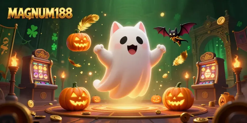 Experience the spooky thrill of MAGNUM188 with a ghost cat and bat in a haunted casino.