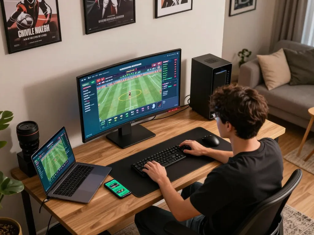 Player reviewing sports betting options on LLwin at home, highlighting strategic decisions and game engagement.
